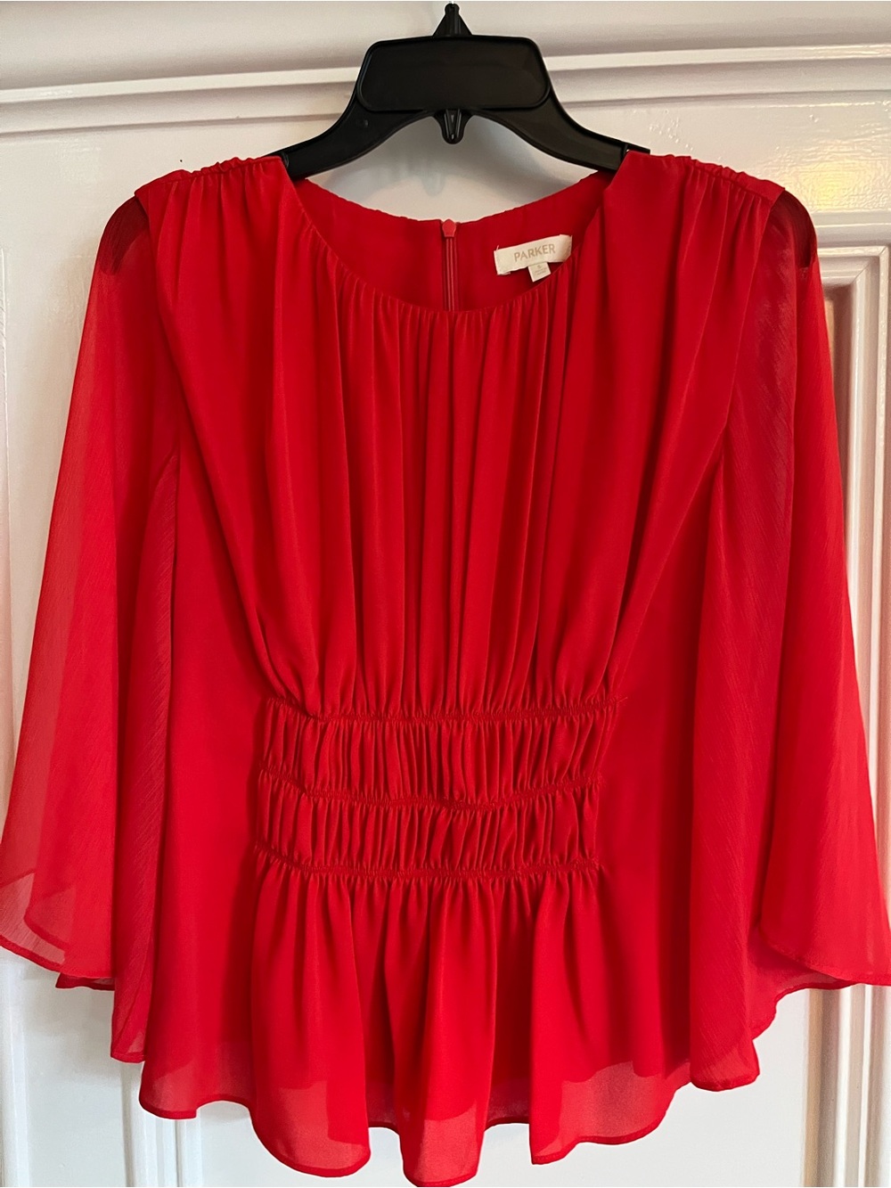 Parker Vibrant Red Chiffon Smocked-Waist Blouse